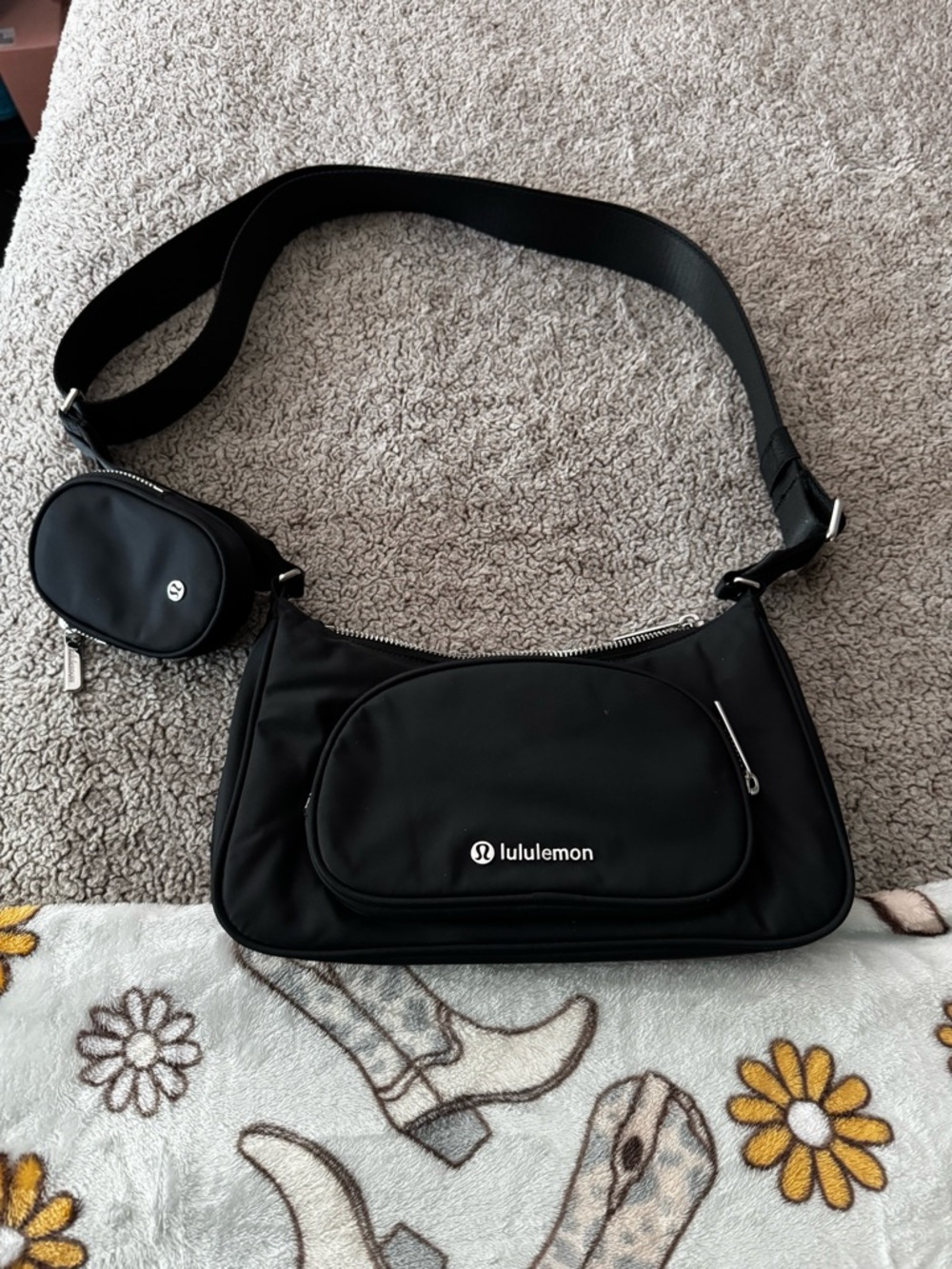 lululemon athletica Black Nylon Shoulder Belt Bag with Detachable Mini Pouch